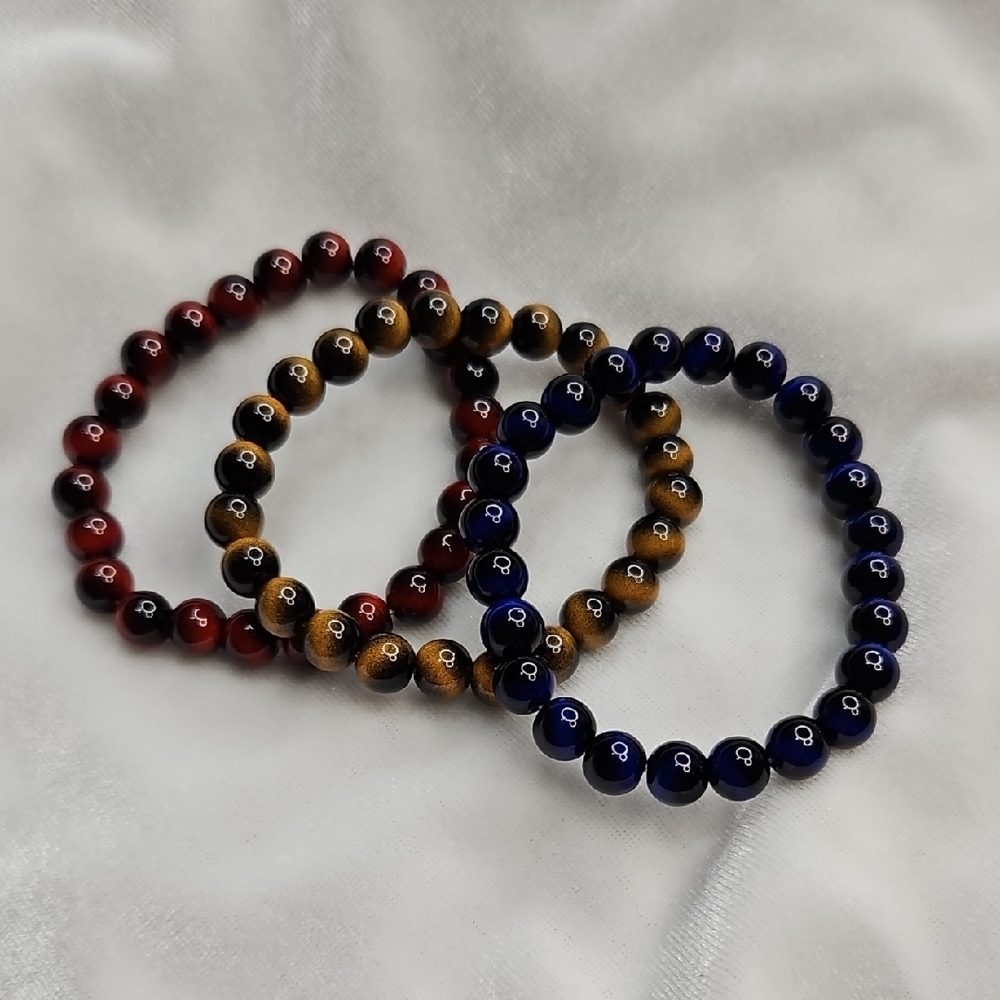 Lot of 3 Faux Tiger's Eye Beaded Bracelets Stretch Yellow Blue Red Black NWOT